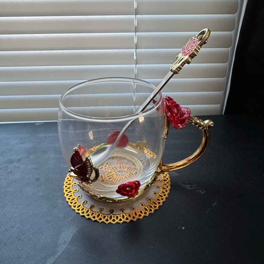 Glass Tea Cup with Red Rose Accents and Gold Handle